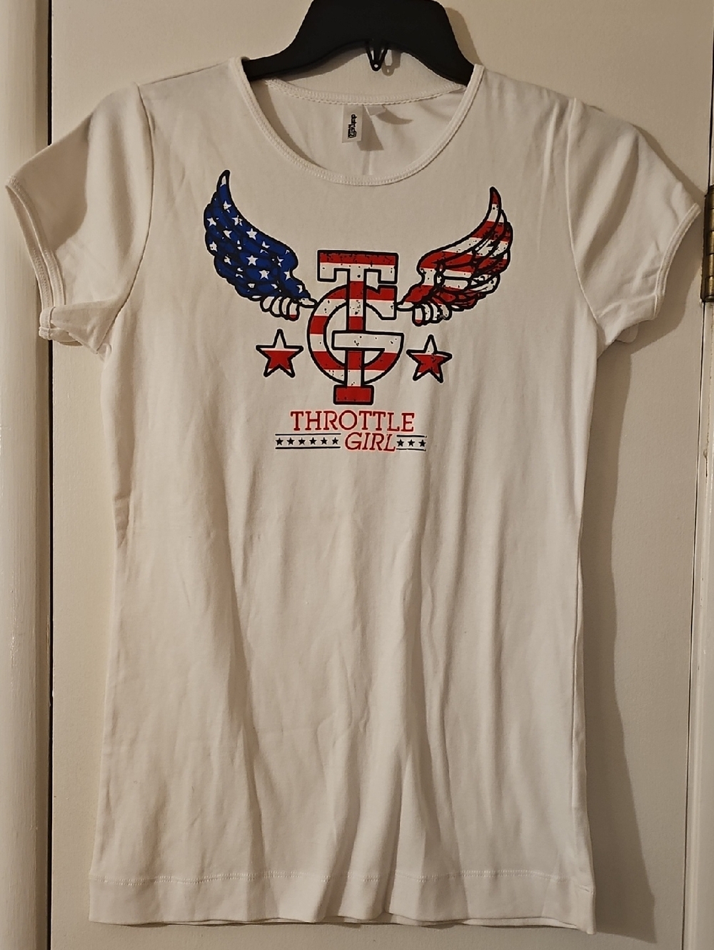 NWOT Throttle Girl White Graphic Tee with American Flag Wings Tote 4